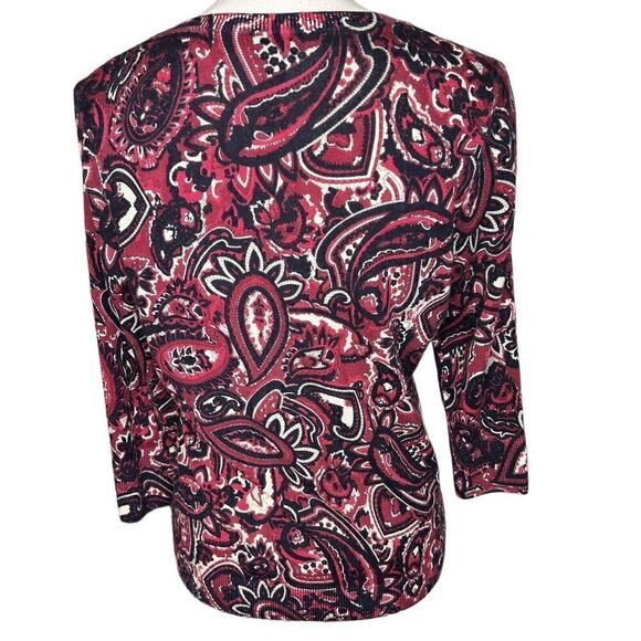 Talbots Womens Blouse 100% Merino Wool V-Neck Paisley Pattern Maroon Black Large - Picture 4 of 5